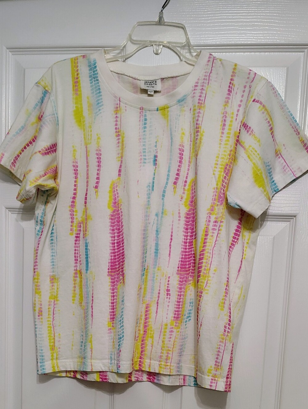 Hemant & Nandita Striped Paint-Drip Colorful 🩷 💛 💙 Soft Cotton Tee Top NWOT